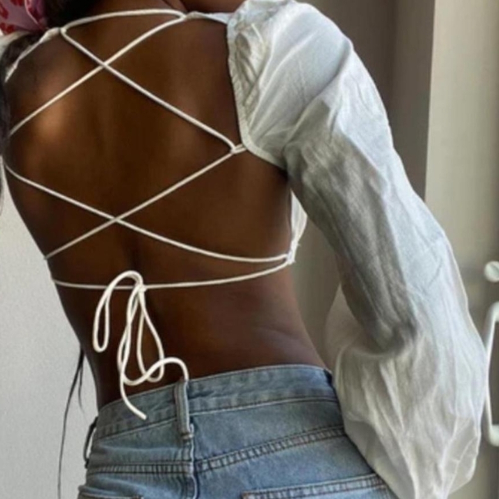 4/$12 Princess Polly White Crisscross Open Back 3 Corset Buttons Long Sleeve Top